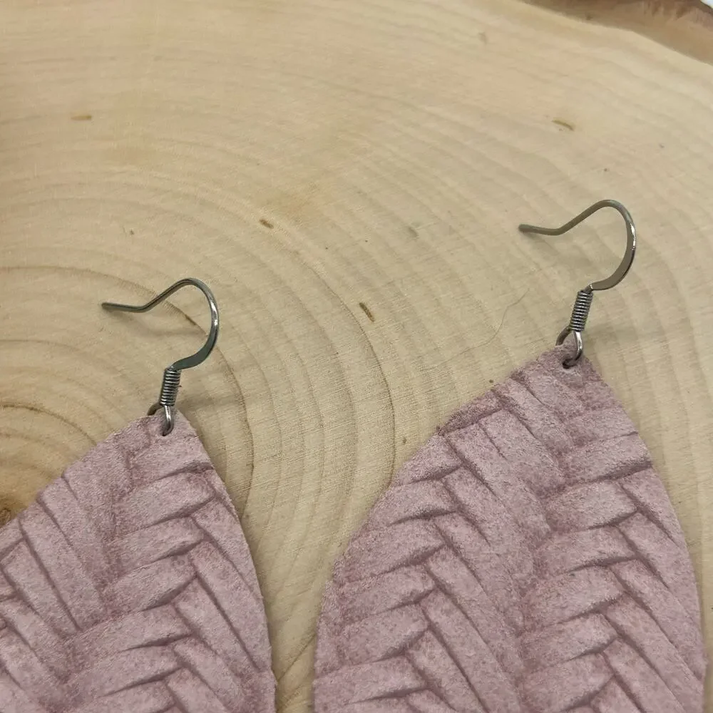 5/$25 Genuine Leather Braided Fishtail Rose Pink Teardrop Earrings